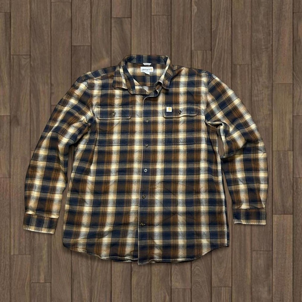 Carhartt Mens Original Fit Plaid Flannel Shirt Brown Navy Blue Long‎ Sleeve L